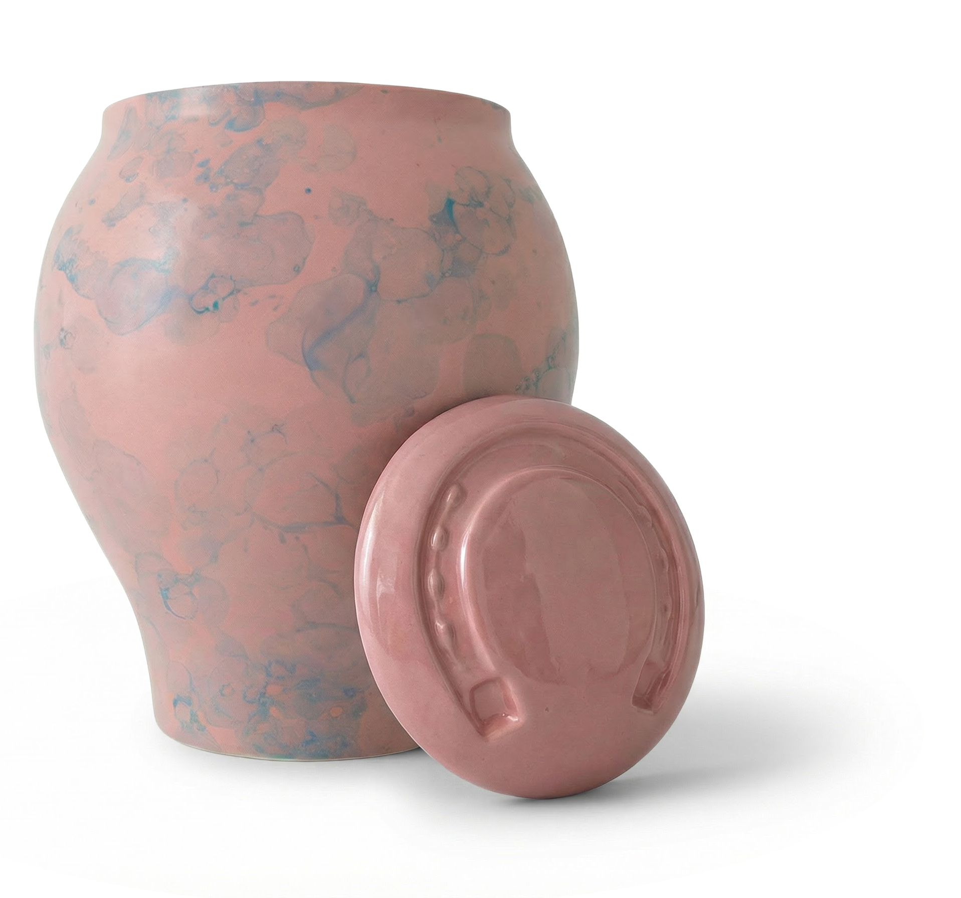 Large-format ceramic horse urn in a blush marble glaze, 3600 ml.
