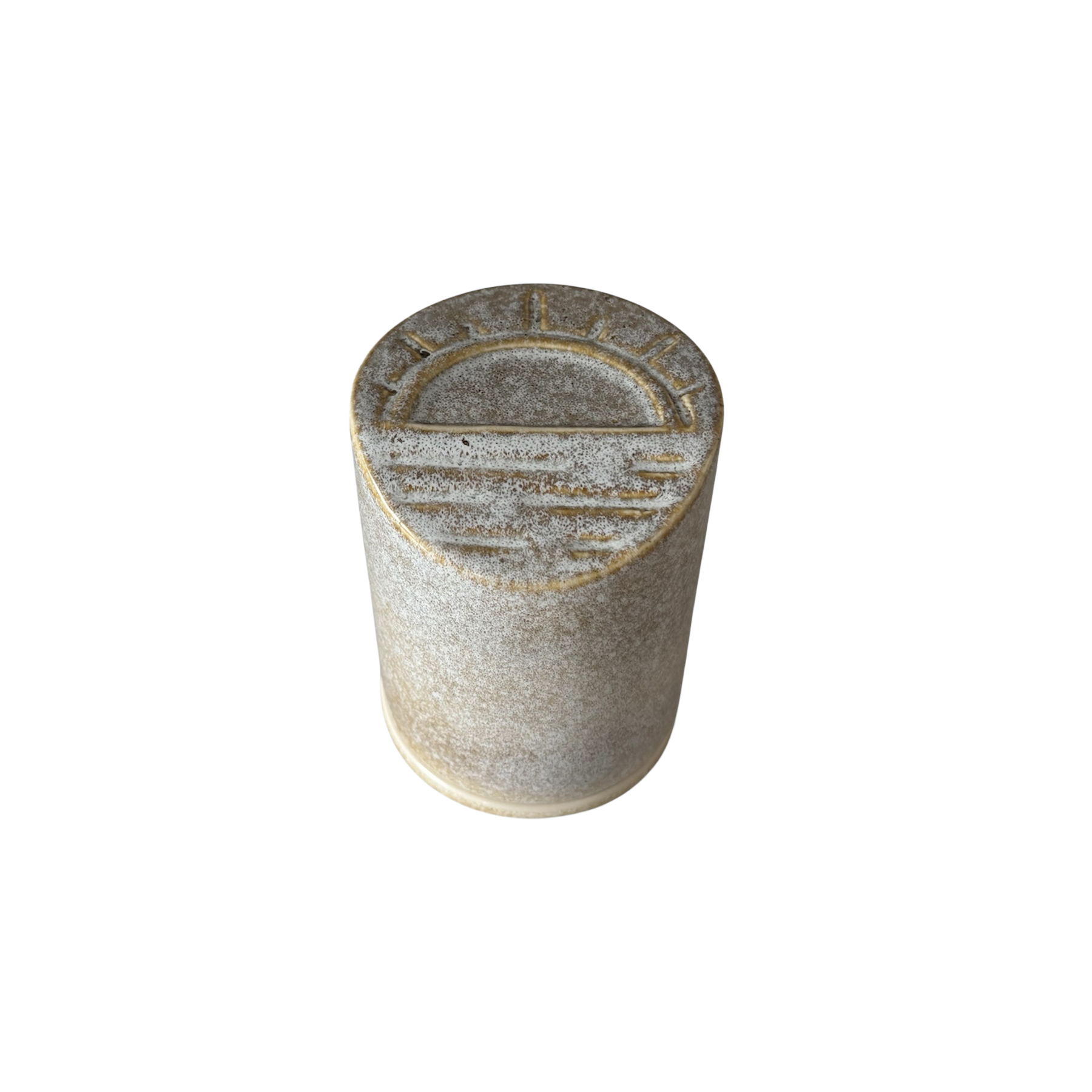 Sunset relief detail on the lid of the ceramic urn, sand glaze.