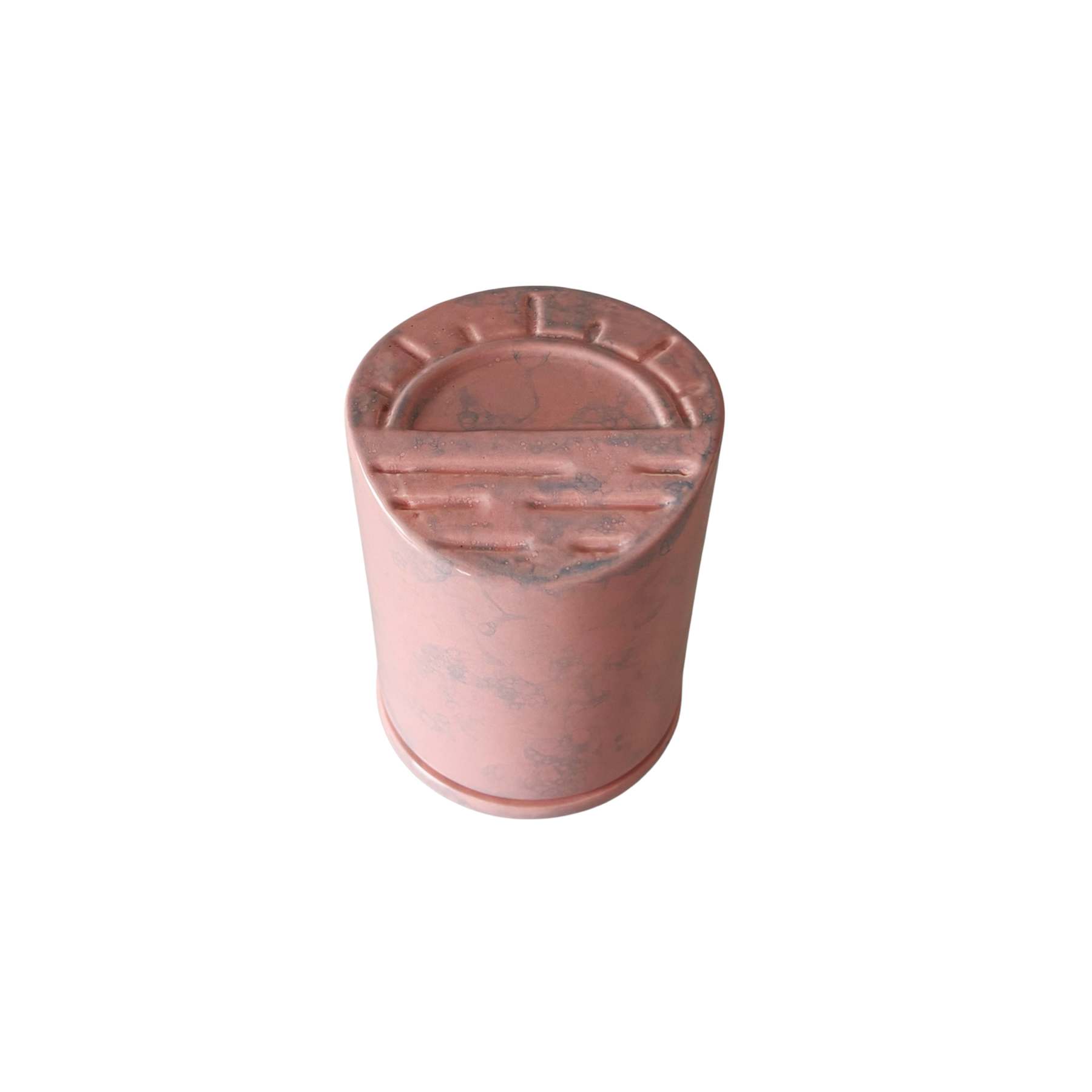 Sunset relief detail on the lid of the ceramic urn, blush marble glaze.