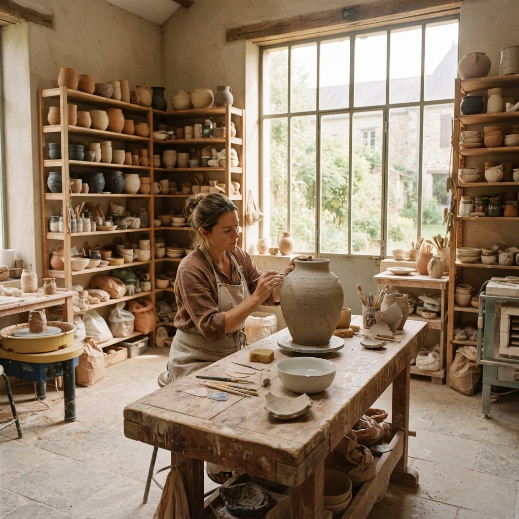 A maker hand-finishing a ceramic urn at a workbench in a bright European ceramics workshop.