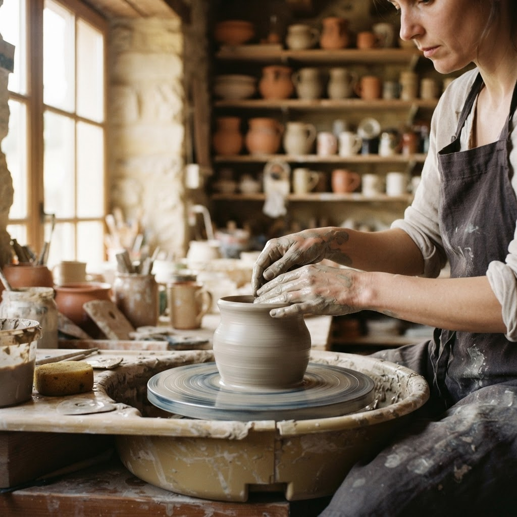 A potter’s hands shaping wet clay on a wheel in a bright European ceramics workshop.